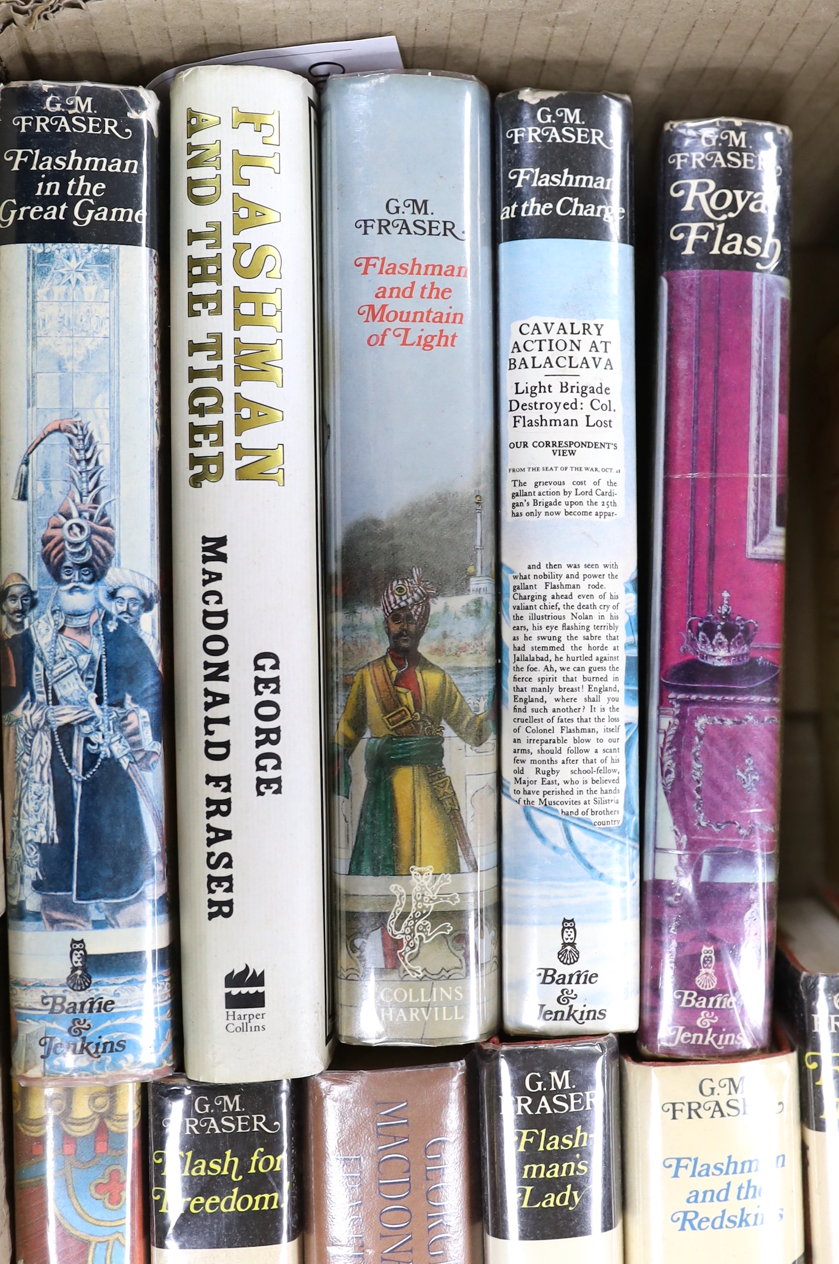 Fraser, George MacDonald - A complete set of The Flashman Papers, all 1st editions, all with dust jackets, consisting:- Flashman, 1969; Royal Flash, 1970; Flash for Freedom, 1971; Flashman at the Charge, 1973; Flashman a